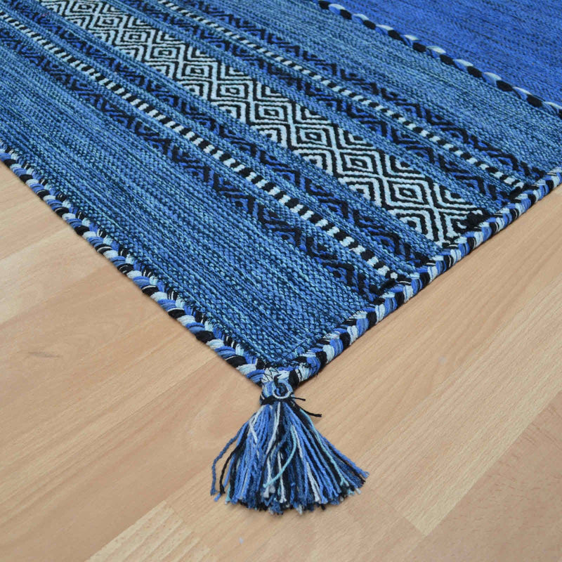 Kelim Flatweave Rugs with Tassels in Blue