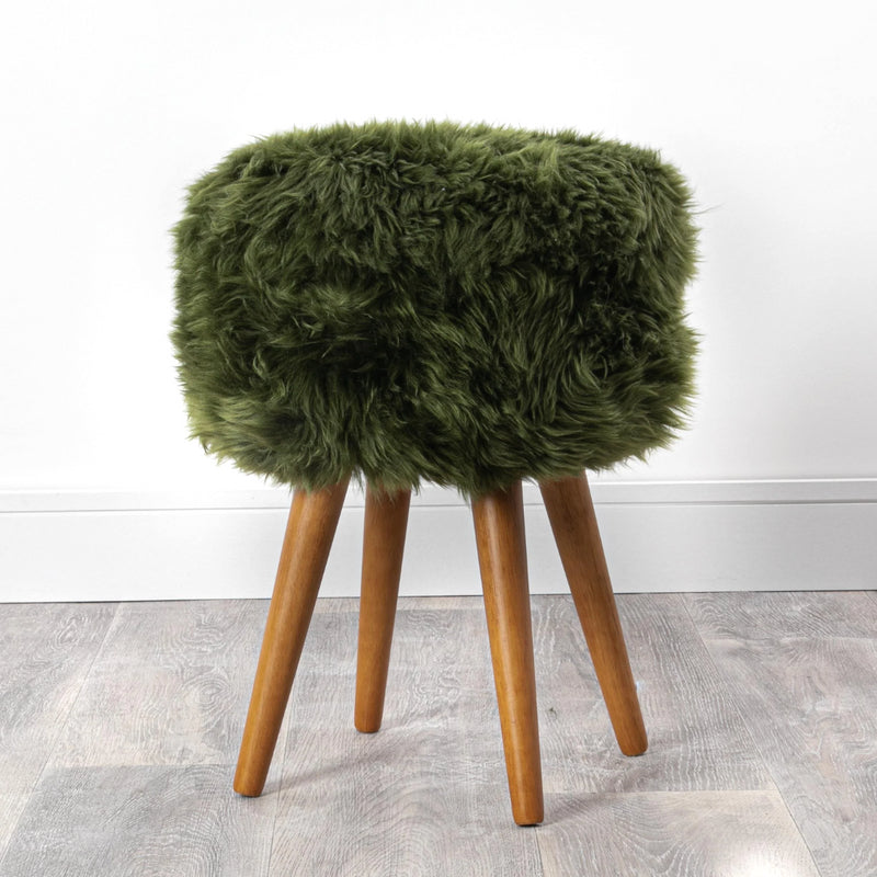 Polly Olive Green Sheepskin Wood Stool with Woodstain legs