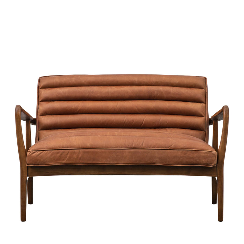 Dufort Vintage Brown Leather 2 Seater Sofa with Wood Arms