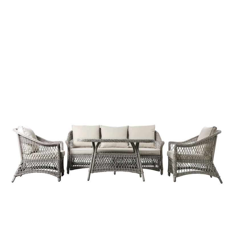 Millen Outdoor Rattan Sofa Dining Tea Set with Table and 2 Armchairs in Stone Grey