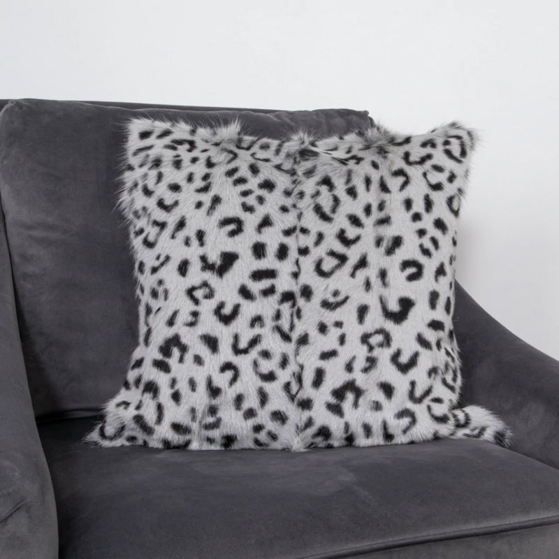 Akira Leopard Print Goatskin Cushion in Grey